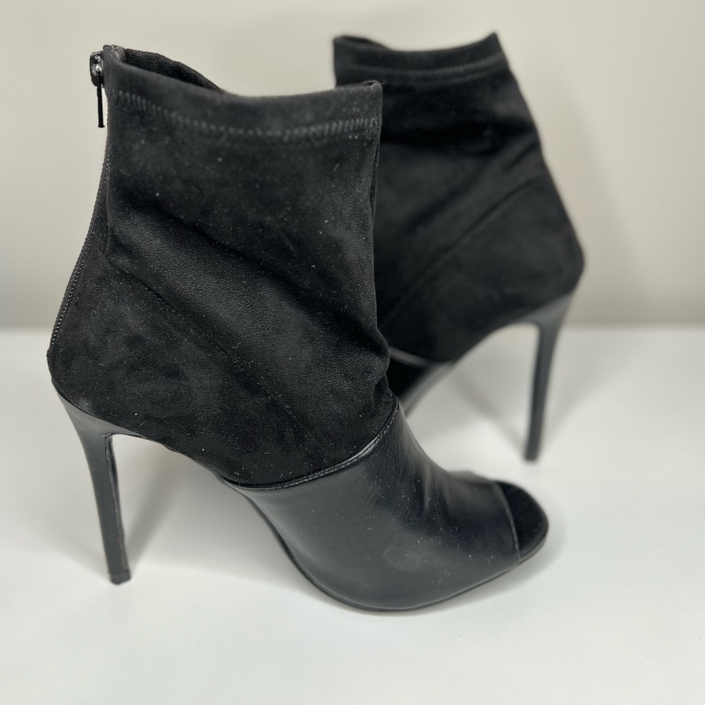 Black Open Toe Leather and Suede Ankle Zip Booties